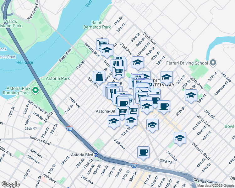 map of restaurants, bars, coffee shops, grocery stores, and more near 22-37 27th Street in Queens