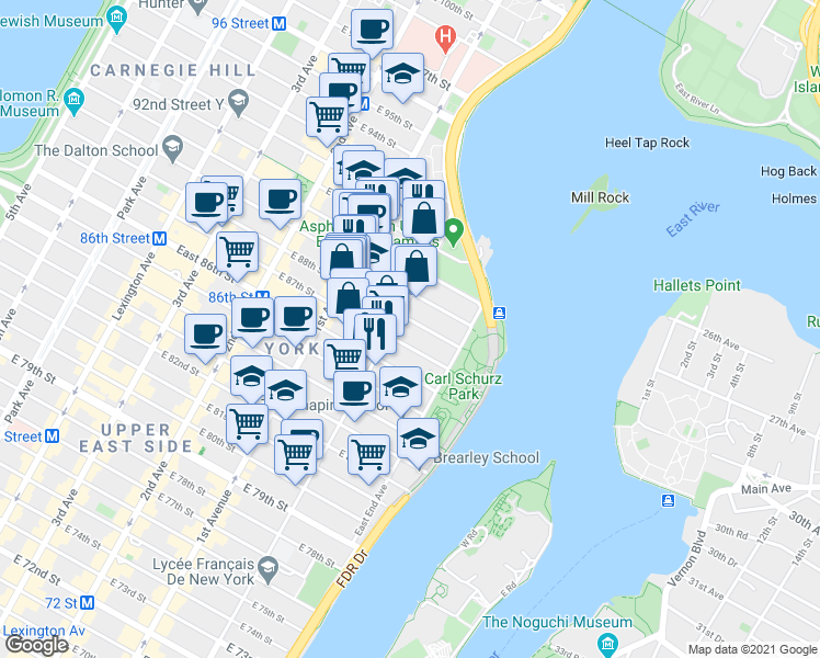 map of restaurants, bars, coffee shops, grocery stores, and more near in New York