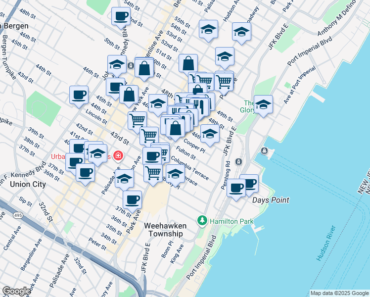 map of restaurants, bars, coffee shops, grocery stores, and more near 51 Cooper Place in Weehawken