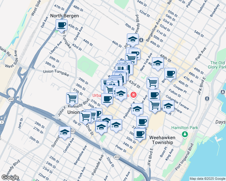 map of restaurants, bars, coffee shops, grocery stores, and more near 524 41st Street in Union City