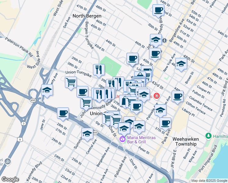 map of restaurants, bars, coffee shops, grocery stores, and more near 613 39th Street in Union City
