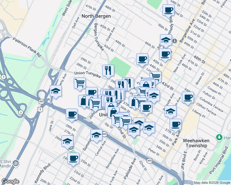 map of restaurants, bars, coffee shops, grocery stores, and more near 646 38th Street in Union City