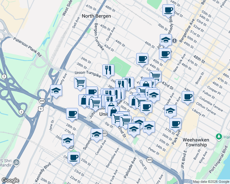 map of restaurants, bars, coffee shops, grocery stores, and more near 646 38th Street in Union City