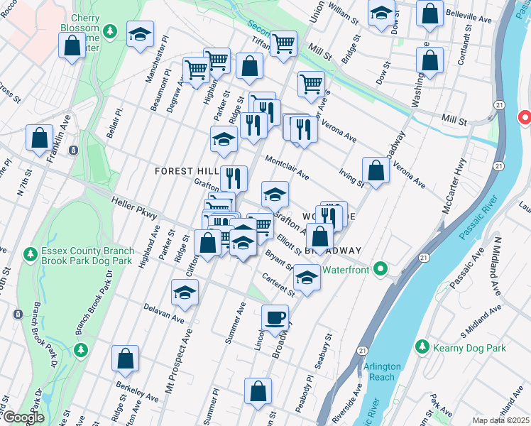 map of restaurants, bars, coffee shops, grocery stores, and more near 327 Woodside Avenue in Newark