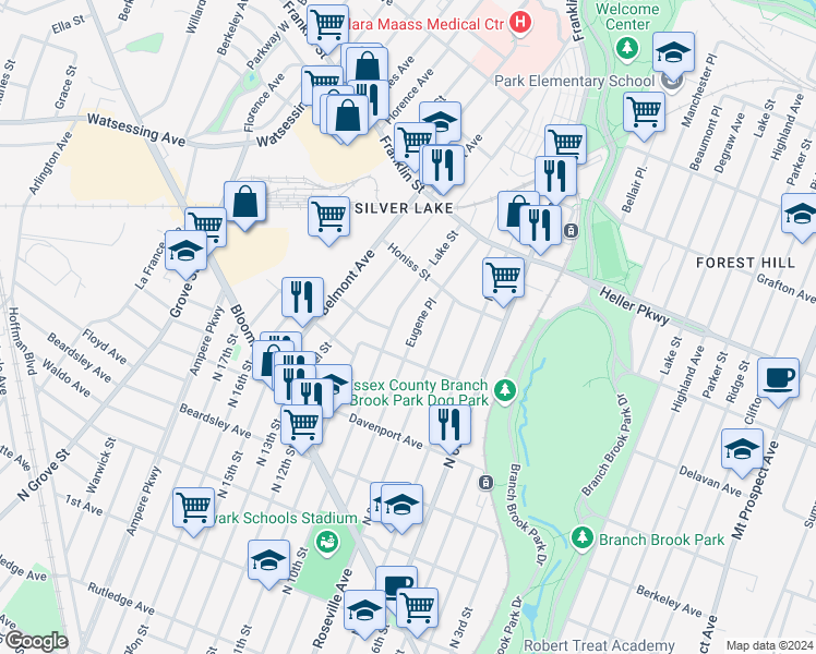 map of restaurants, bars, coffee shops, grocery stores, and more near 12 Lake Street in Belleville
