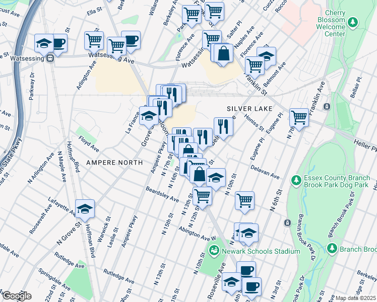 map of restaurants, bars, coffee shops, grocery stores, and more near 25 Columbus Street in Bloomfield