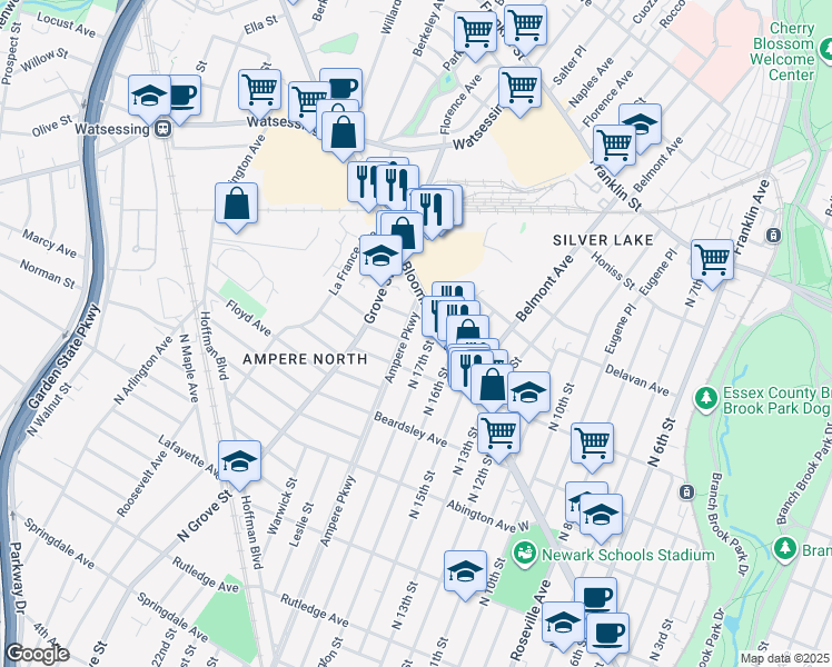 map of restaurants, bars, coffee shops, grocery stores, and more near 100 Bloomfield Avenue in Bloomfield