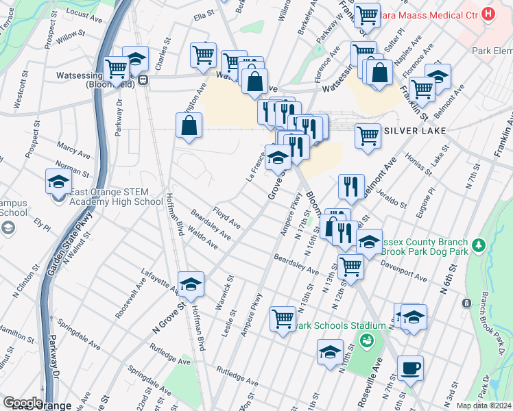 map of restaurants, bars, coffee shops, grocery stores, and more near 20 Elmwood Avenue in Bloomfield