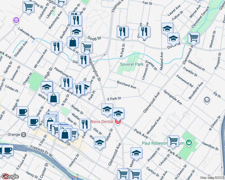 map of restaurants, bars, coffee shops, grocery stores, and more near 99 Burchard Avenue in East Orange