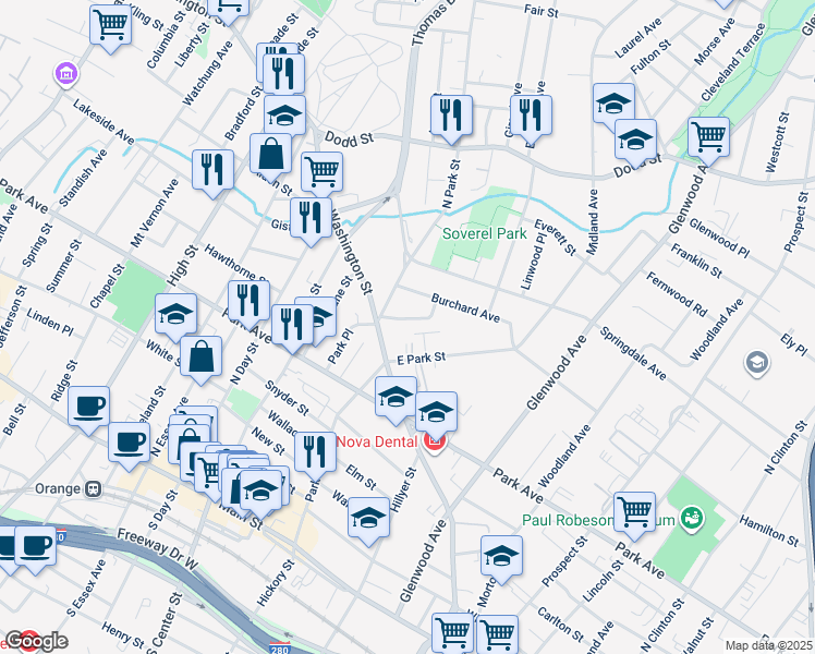 map of restaurants, bars, coffee shops, grocery stores, and more near 99 Burchard Avenue in East Orange