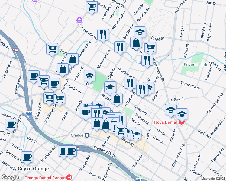 map of restaurants, bars, coffee shops, grocery stores, and more near 213 Snyder Street in City of Orange