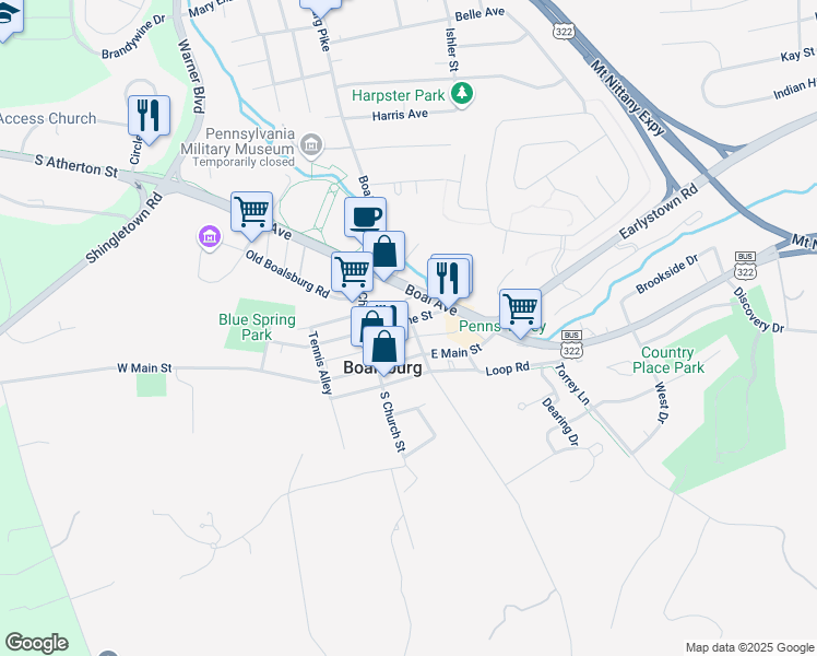 map of restaurants, bars, coffee shops, grocery stores, and more near 211 Academy Street in Boalsburg