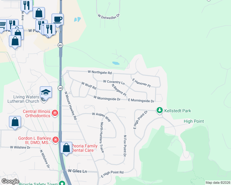 map of restaurants, bars, coffee shops, grocery stores, and more near 7408 North Regent Place in Peoria
