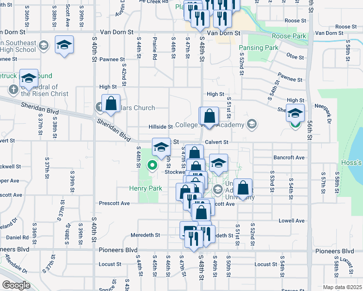 map of restaurants, bars, coffee shops, grocery stores, and more near 4649 Hillside Street in Lincoln