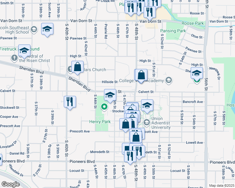 map of restaurants, bars, coffee shops, grocery stores, and more near 3515 South 46th Street in Lincoln