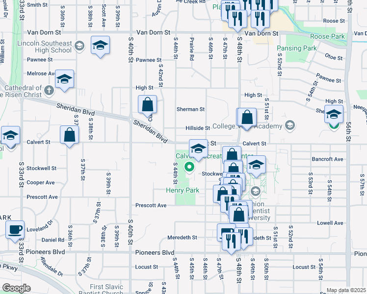 map of restaurants, bars, coffee shops, grocery stores, and more near 4434 Calvert Street in Lincoln
