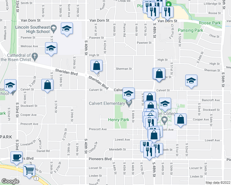 map of restaurants, bars, coffee shops, grocery stores, and more near 4434 Calvert Street in Lincoln