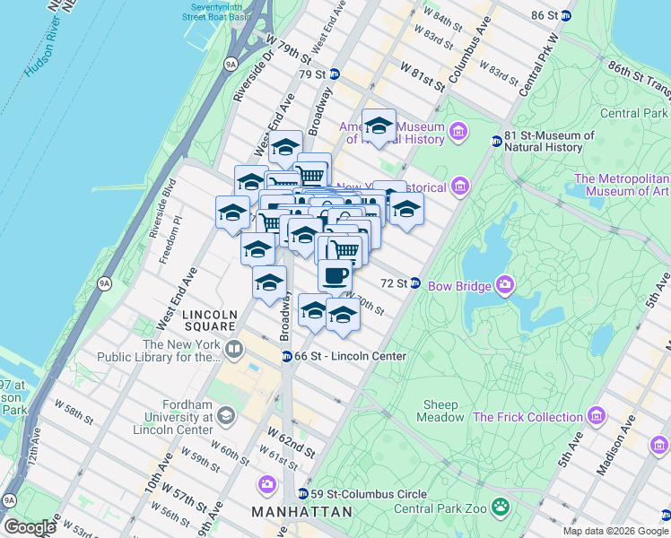 map of restaurants, bars, coffee shops, grocery stores, and more near in New York