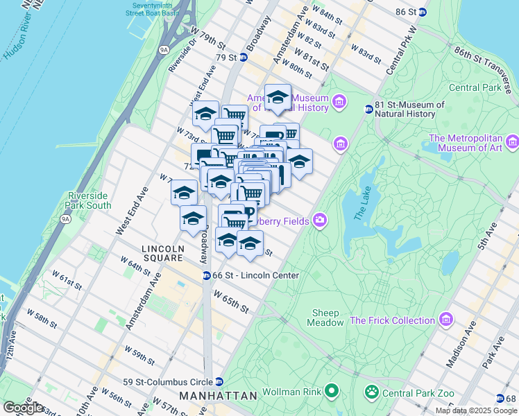 map of restaurants, bars, coffee shops, grocery stores, and more near 75 West 71st Street in New York