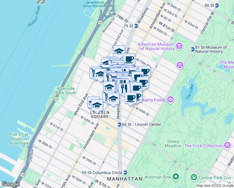 map of restaurants, bars, coffee shops, grocery stores, and more near in New York
