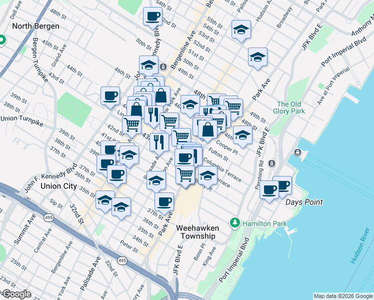 map of restaurants, bars, coffee shops, grocery stores, and more near 4408 Hudson Avenue in Union City