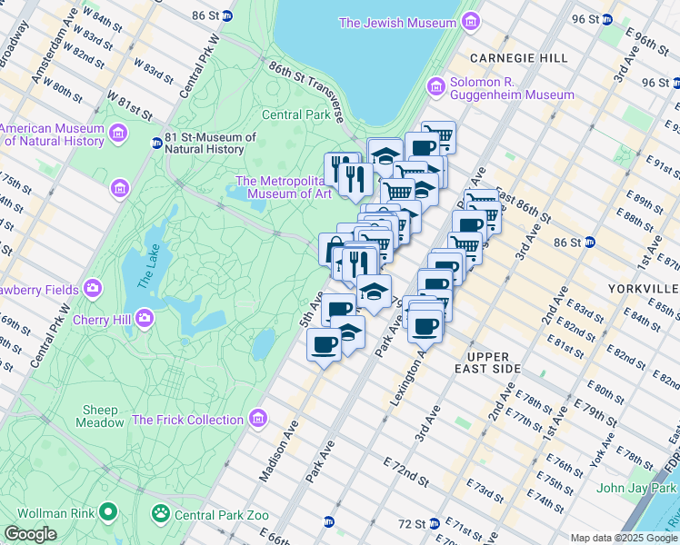 map of restaurants, bars, coffee shops, grocery stores, and more near 2 East 79th Street in New York