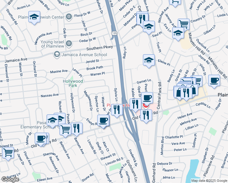 map of restaurants, bars, coffee shops, grocery stores, and more near 33 Sylvia Lane in Plainview