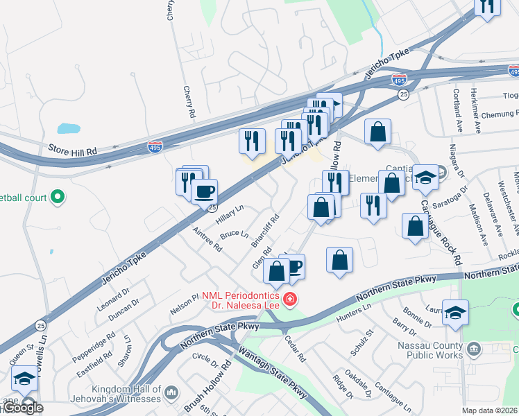 map of restaurants, bars, coffee shops, grocery stores, and more near 14 Aberdeen Road in Westbury