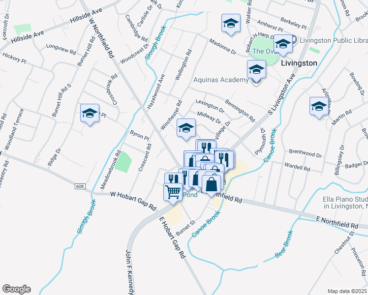 map of restaurants, bars, coffee shops, grocery stores, and more near 19 Monmouth Court in Livingston