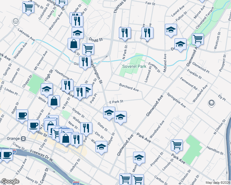 map of restaurants, bars, coffee shops, grocery stores, and more near 99 Burchard Avenue in East Orange