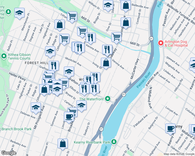 map of restaurants, bars, coffee shops, grocery stores, and more near 81 Montclair Avenue in Newark