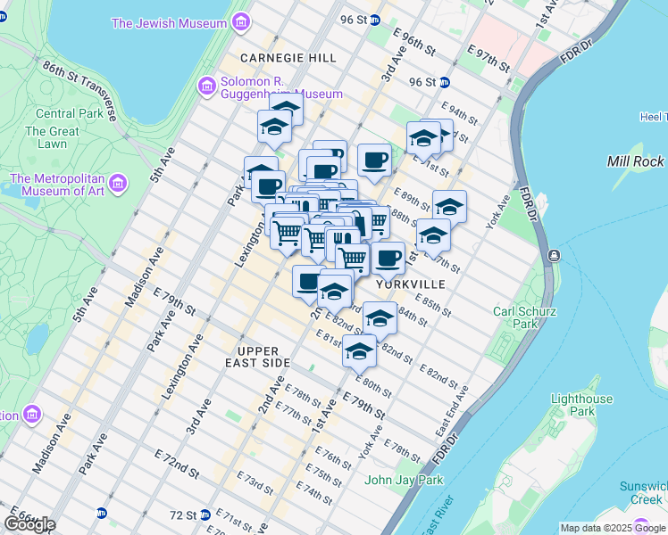 map of restaurants, bars, coffee shops, grocery stores, and more near 1621 2nd Avenue in New York
