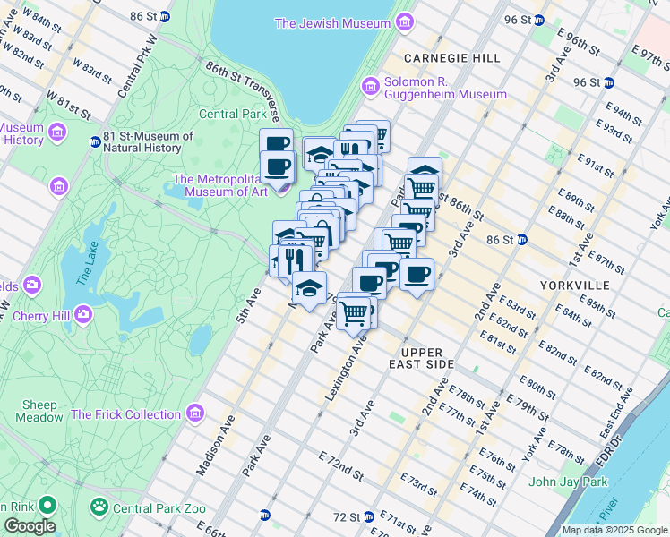 map of restaurants, bars, coffee shops, grocery stores, and more near 59 East 80th Street in New York