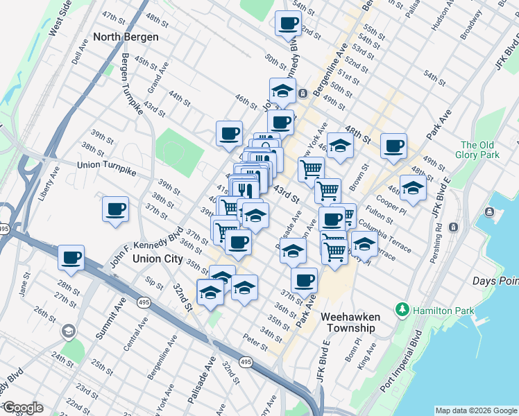 map of restaurants, bars, coffee shops, grocery stores, and more near in Union City