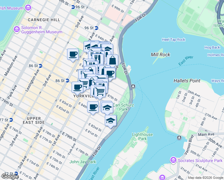 map of restaurants, bars, coffee shops, grocery stores, and more near 516 East 88th Street in New York