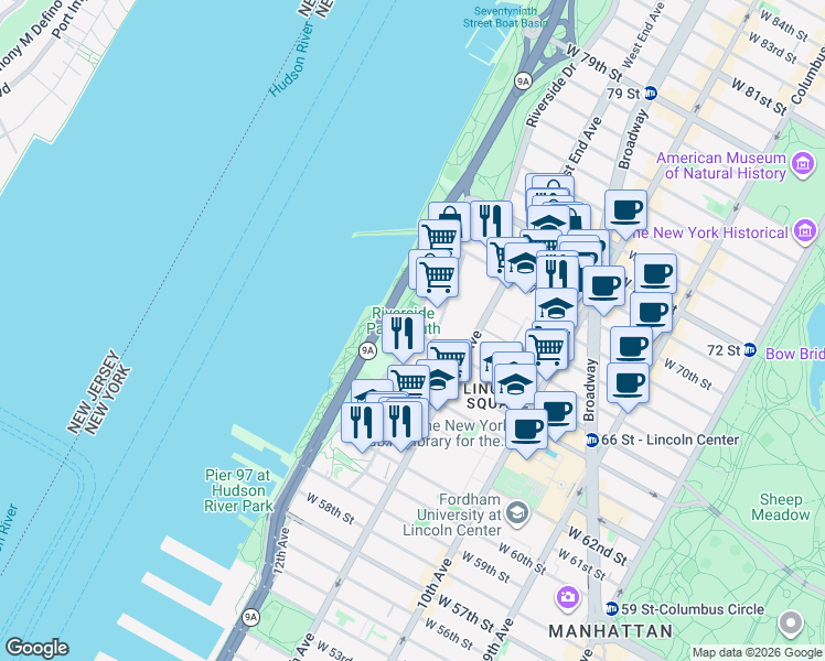 map of restaurants, bars, coffee shops, grocery stores, and more near West 66th Street in New York