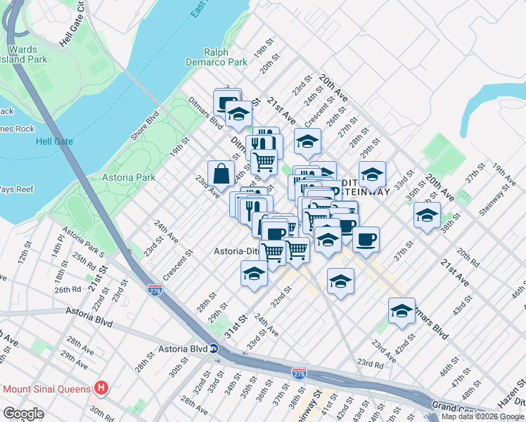 map of restaurants, bars, coffee shops, grocery stores, and more near 22-46 27th Street in Queens