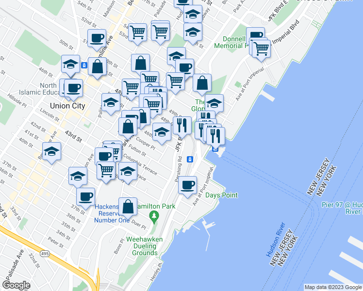 map of restaurants, bars, coffee shops, grocery stores, and more near 960 Boulevard East in Weehawken