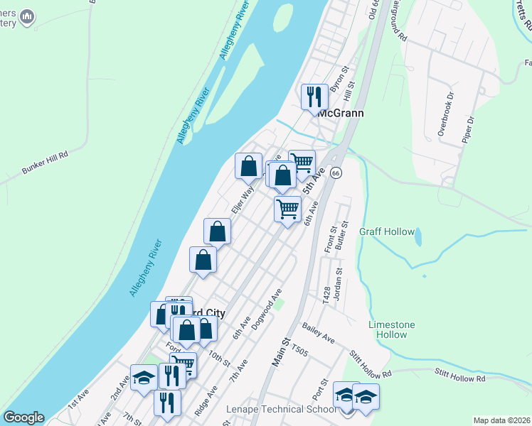 map of restaurants, bars, coffee shops, grocery stores, and more near 1501 4th Avenue in Ford City