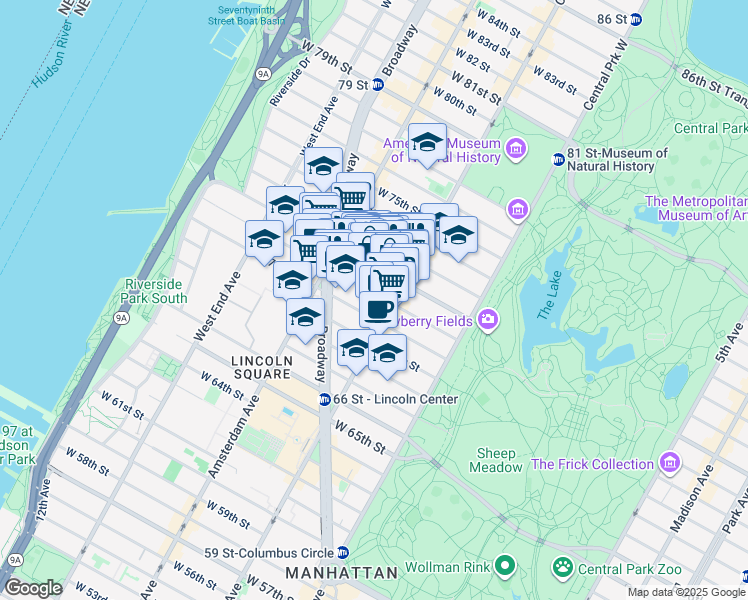map of restaurants, bars, coffee shops, grocery stores, and more near 116 West 71st Street in New York