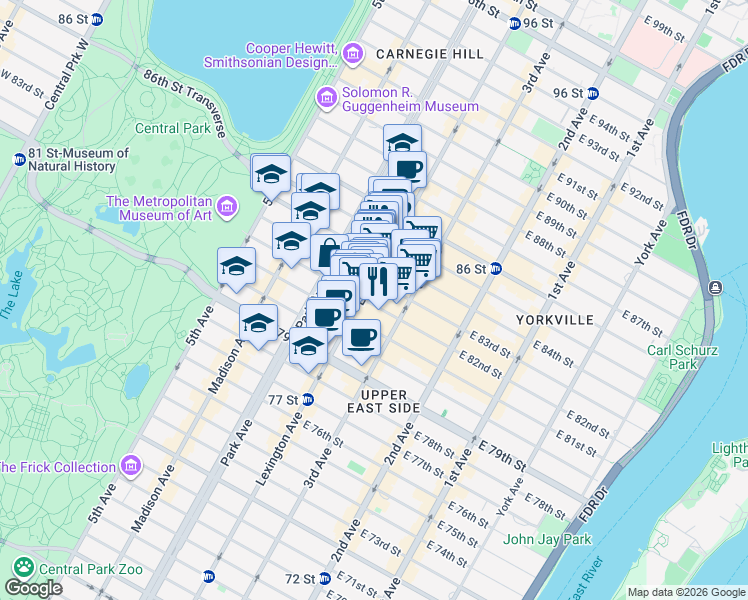 map of restaurants, bars, coffee shops, grocery stores, and more near 151 East 82nd Street in New York