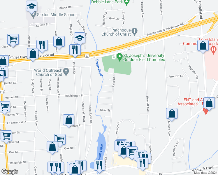 map of restaurants, bars, coffee shops, grocery stores, and more near 8 Alice Street in East Patchogue