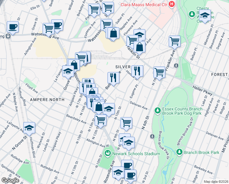 map of restaurants, bars, coffee shops, grocery stores, and more near 80 Belmont Avenue in Belleville