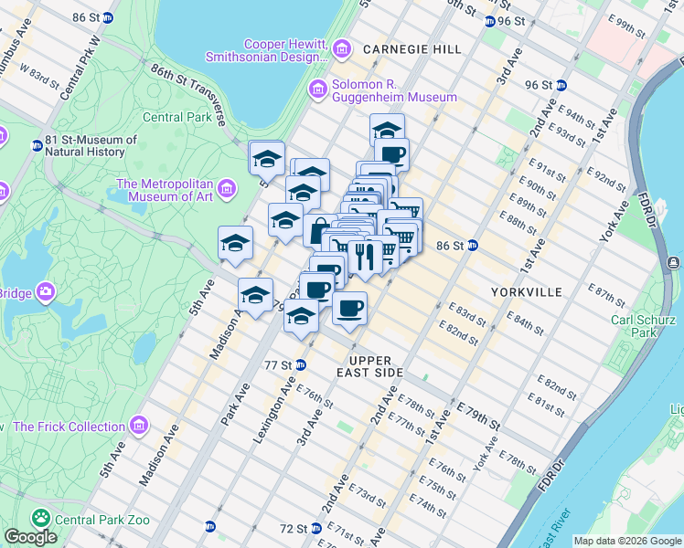 map of restaurants, bars, coffee shops, grocery stores, and more near 132 East 82nd Street in New York