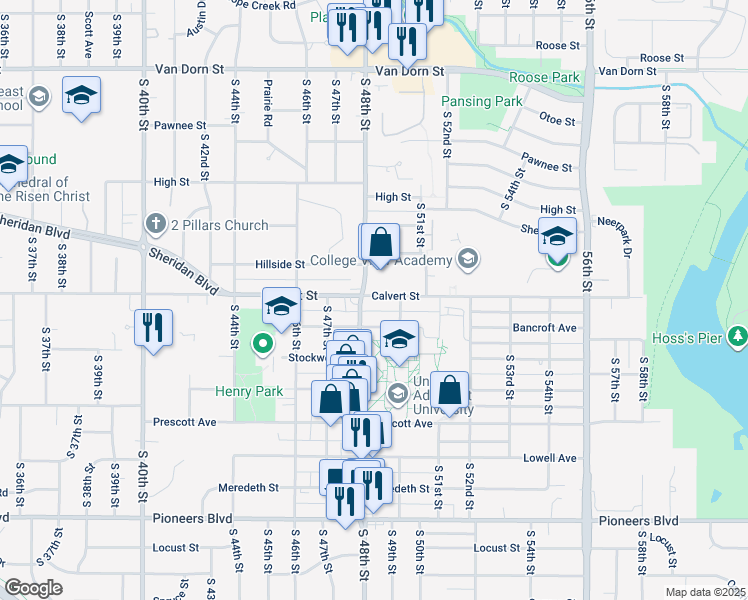 map of restaurants, bars, coffee shops, grocery stores, and more near 4815 Calvert Street in Lincoln