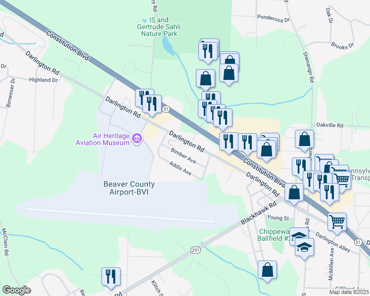 map of restaurants, bars, coffee shops, grocery stores, and more near 2723 Darlington Road in Beaver Falls