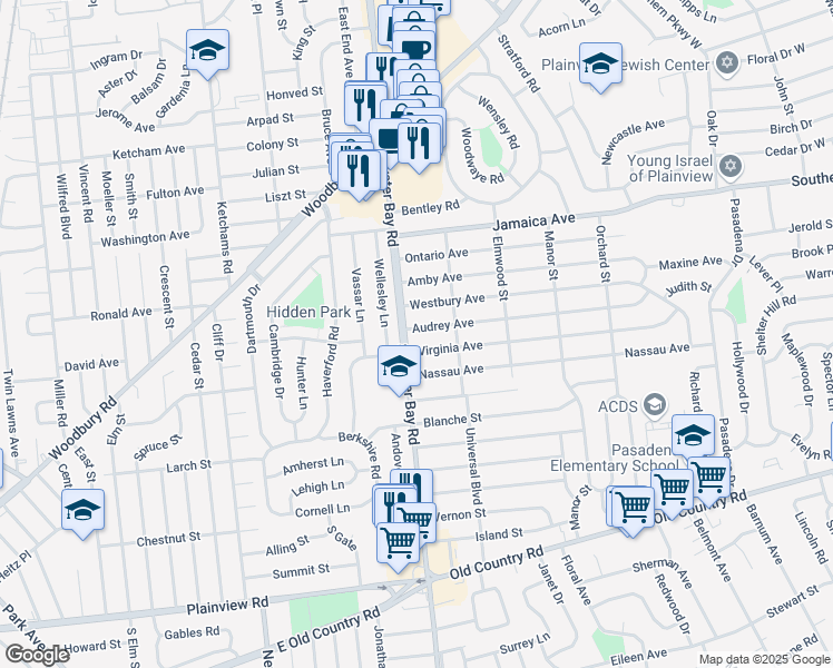 map of restaurants, bars, coffee shops, grocery stores, and more near 3 Audrey Avenue in Plainview