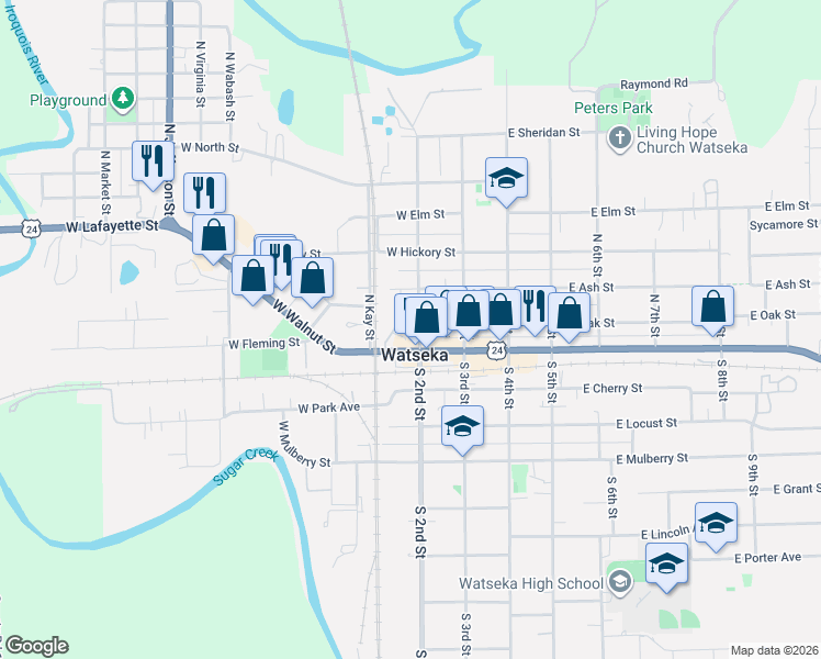 map of restaurants, bars, coffee shops, grocery stores, and more near 209 West Oak Street in Watseka