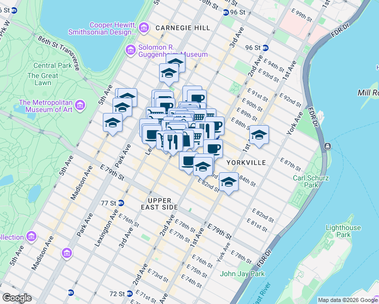 map of restaurants, bars, coffee shops, grocery stores, and more near 218 East 84th Street in New York