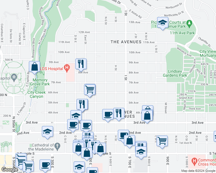 map of restaurants, bars, coffee shops, grocery stores, and more near 487 7th Avenue in Salt Lake City